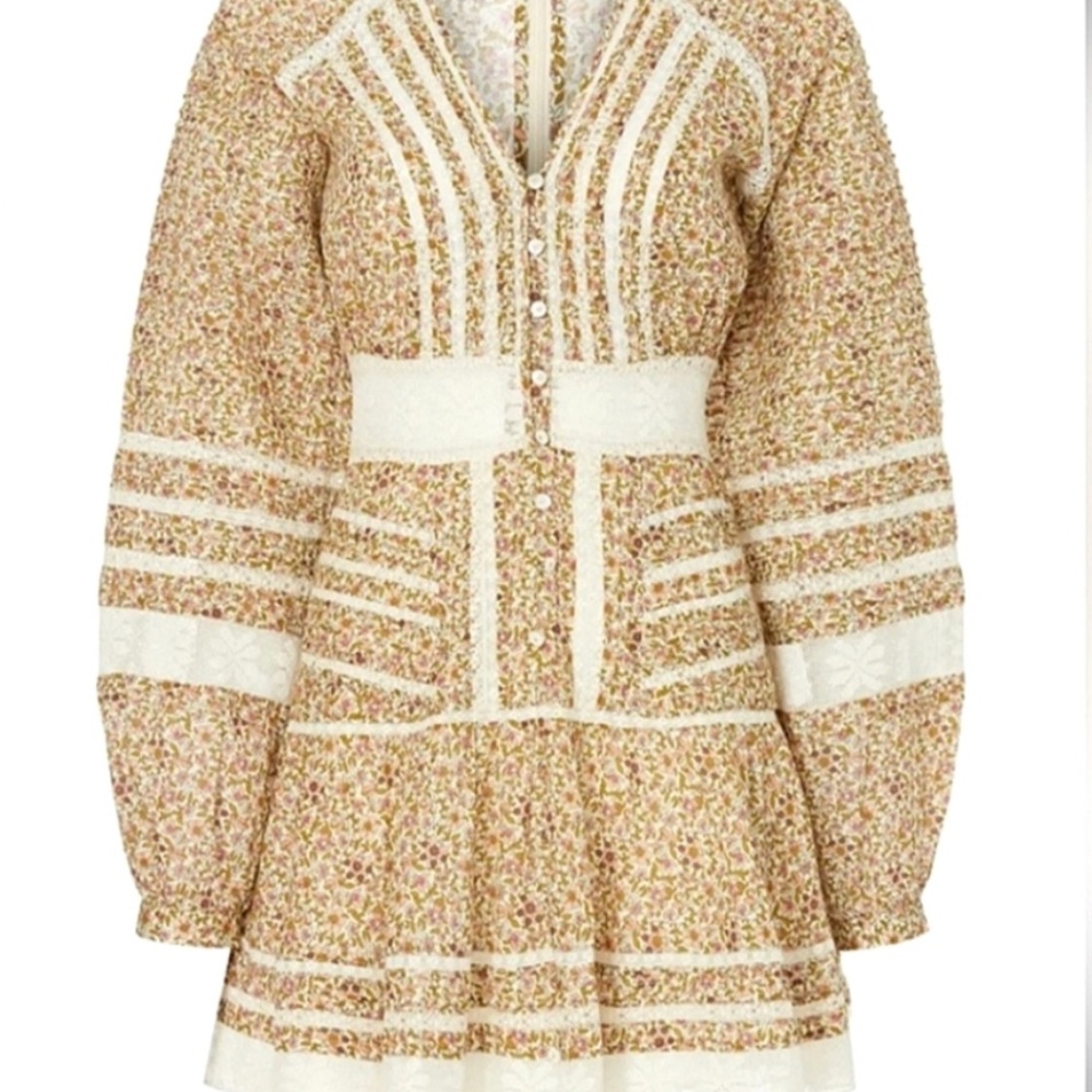 Veronica Beard Cream Brown green pink Mini Dress lace tiered l/s sz 8 - Picture 2 of 7